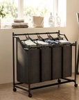 108L 4-Compartment Rolling Laundry Sorter with Handles – Black - image 4