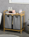Bamboo Double Laundry Hamper with 2 Removable Bags & Shelf – Natural & Grey - image 2