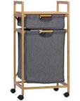 Bamboo Double Laundry Hamper with 2 Removable Bags, Shelf & Wheels – Natural & Grey - image 1