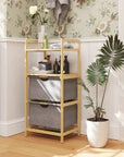 Bamboo Double Laundry Hamper with 2 Sliding Bags & Open Shelves – Natural - image 2