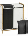 120L Bamboo Double Laundry Hamper with Lid, Drawstring Bags & Side Pockets – Black & White - image 1