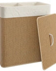 100L Bamboo Double Laundry Hamper with Lid & Removable Liner – Brown & Cream - image 1
