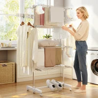 4-Tier Stainless Steel Clothes Airer with Wheels – White & Silver - image 2