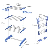 3-Tier Adjustable Clothes Airer with Wheels – Blue & Silver - image 3