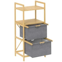 Bamboo Double Laundry Hamper with 2 Sliding Bags & Open Shelves – Natural - image 1