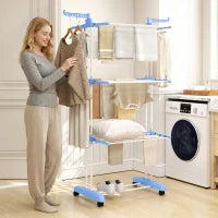 4-Tier Foldable Clothes Drying Rack with Wheels – Blue & White - image 2