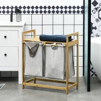 Bamboo Double Laundry Hamper with 2 Removable Bags & 2 Shelves – Natural - image 2