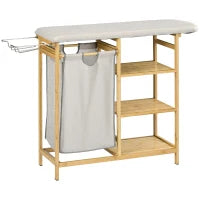 57.4L Bamboo Laundry Station with Ironing Board, Iron Holder & 3 Shelves – Natural & Grey - image 1