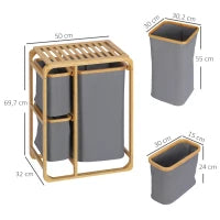 Bamboo 3-Bag Laundry Sorter with Open Shelf – Grey & Natural - image 3