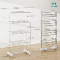 4-Tier Stainless Steel Clothes Airer with Wheels – White & Silver - image 3