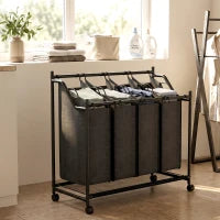 108L 4-Compartment Rolling Laundry Sorter with Handles – Black - image 4