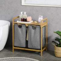 Bamboo Double Laundry Hamper with 2 Removable Bags & Shelf – Natural & Grey - image 2