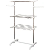 3-Tier Stainless Steel Clothes Airer with Wheels – White & Silver - image 1