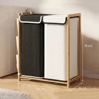 120L Bamboo Double Laundry Hamper with Lid, Drawstring Bags & Side Pockets – Black & White - image 3