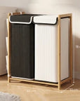 120L Bamboo Double Laundry Hamper with Lid, Drawstring Bags & Side Pockets – Black & White - image 3