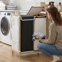 120L Bamboo Double Laundry Hamper with Lid, Drawstring Bags & Side Pockets – Black & White - image 2