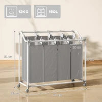 160L 4-Bag Rolling Laundry Sorter with Removable Bags – Grey - image 3