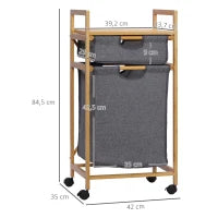 Bamboo Double Laundry Hamper with 2 Removable Bags, Shelf & Wheels – Natural & Grey - image 3