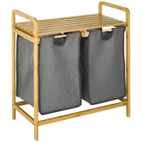 Bamboo Double Laundry Hamper with 2 Removable Bags & Shelf – Natural & Grey - image 1