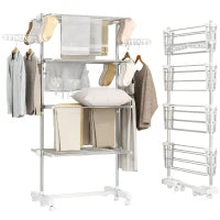 4-Tier Stainless Steel Clothes Airer with Wheels – White & Silver - image 1