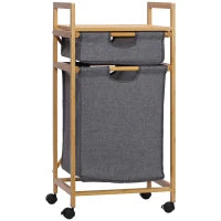 Bamboo Double Laundry Hamper with 2 Removable Bags, Shelf & Wheels – Natural & Grey - image 1