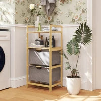 Bamboo Double Laundry Hamper with 2 Sliding Bags & Open Shelves – Natural - image 2