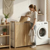 120L Bamboo Laundry Hamper with Lid, 2 Removable Bags & Side Pockets – Natural - image 2