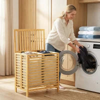 64L Bamboo Double Laundry Hamper with Lid – Natural &amp; Cream - image 4