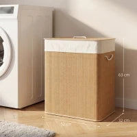 100L Bamboo Double Laundry Hamper with Lid & Removable Liner – Brown & Cream - image 3