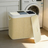 144L 3-Compartment Bamboo Laundry Hamper with Lid – Cream - image 2