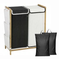 120L Bamboo Double Laundry Hamper with Lid, Drawstring Bags & Side Pockets – Black & White - image 1
