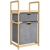Bamboo Double Laundry Hamper with 2 Sliding Bags & Slatted Shelf – Natural - image 1