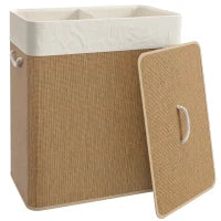 100L Bamboo Double Laundry Hamper with Lid & Removable Liner – Brown & Cream - image 1