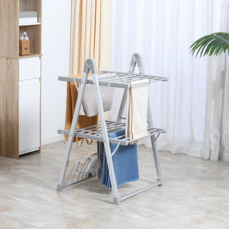 HOMCOM 2-Tier Heated Clothes Airer 210W with Shoe Rack - Silver - image 2