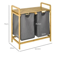 Bamboo Double Laundry Hamper with 2 Removable Bags & Shelf – Natural & Grey - image 3