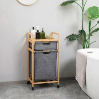 Bamboo Double Laundry Hamper with 2 Removable Bags, Shelf & Wheels – Natural & Grey - image 2