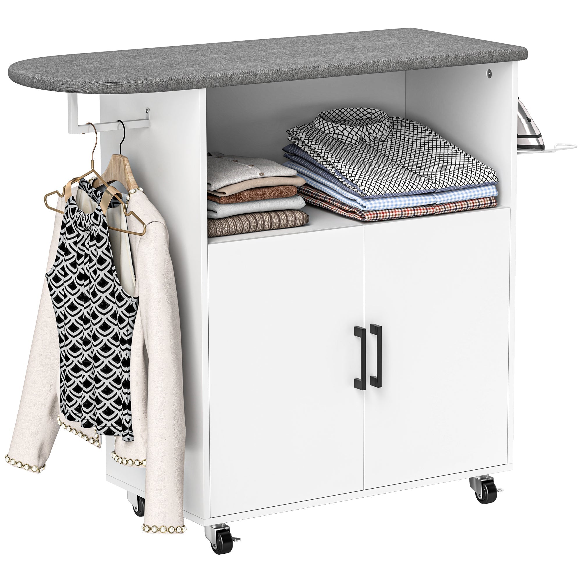 Mobile Ironing Cabinet with Clothes Rail, Storage & Wheels – White - image 1