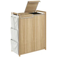 120L Bamboo Laundry Hamper with Lid, 2 Removable Bags & Side Pockets – Natural - image 1