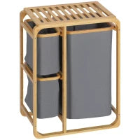 Bamboo 3-Bag Laundry Sorter with Open Shelf – Grey & Natural - image 1