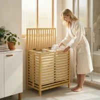 64L Bamboo Double Laundry Hamper with Lid – Natural & Cream - image 2